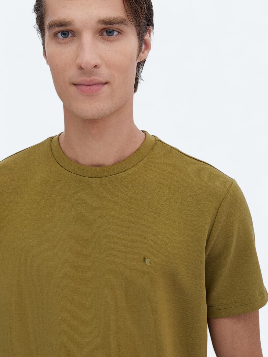 Oil Green Plain Crew Neck T-Shirt - 4