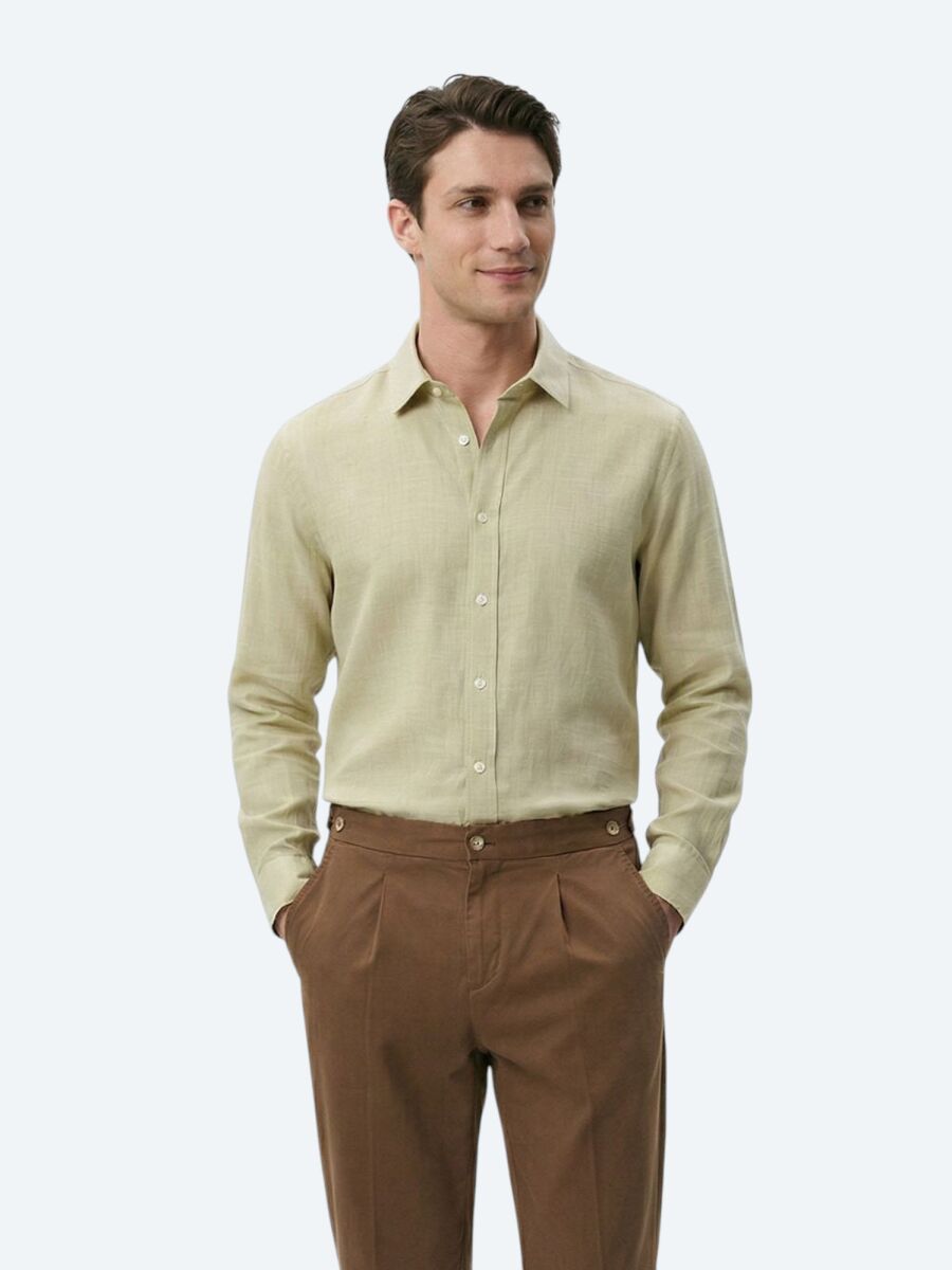 Oil Green Plain Regular Fit Long Weaving Casual 100% Cotton Shirt - 1