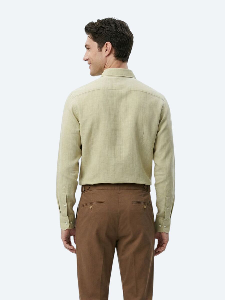 Oil Green Plain Regular Fit Long Weaving Casual 100% Cotton Shirt - 4