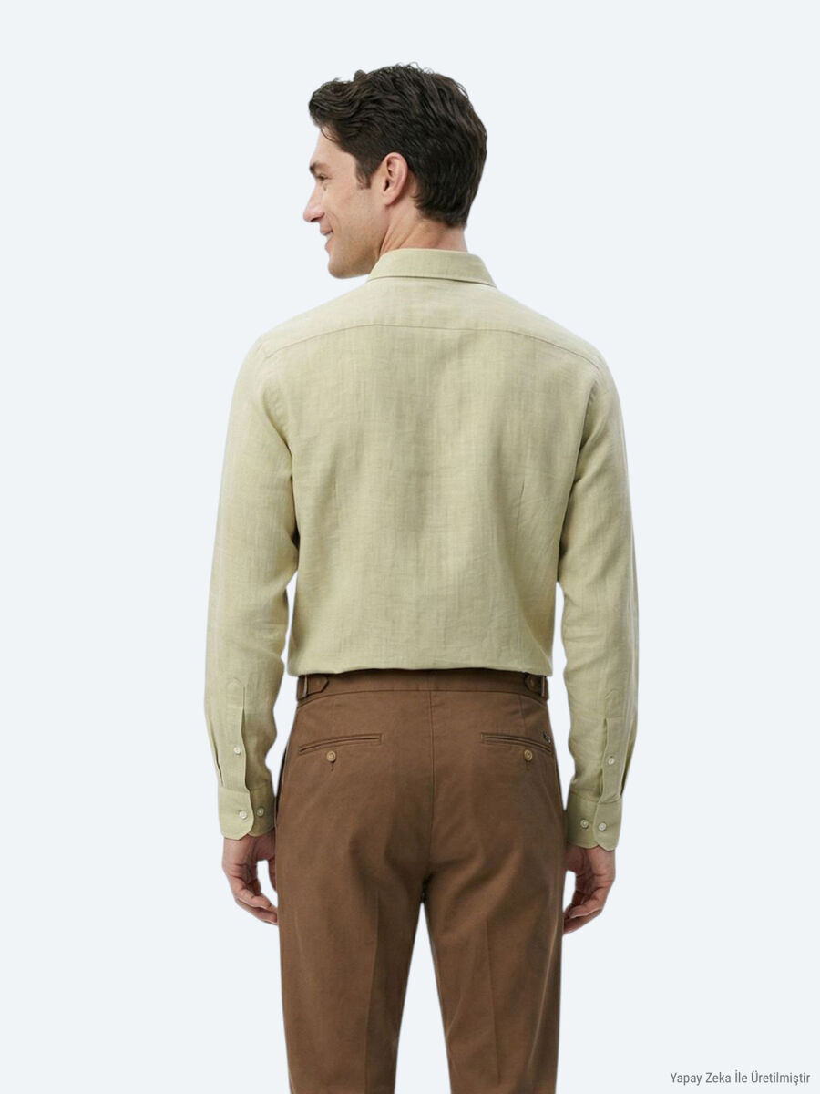 Oil Green Plain Regular Fit Long Weaving Casual 100% Cotton Shirt - 4