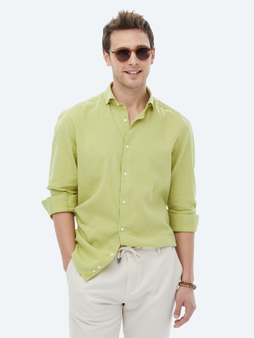 Oil Green Plain Regular Fit Long Weaving Casual Cotton Blended Shirt - 1
