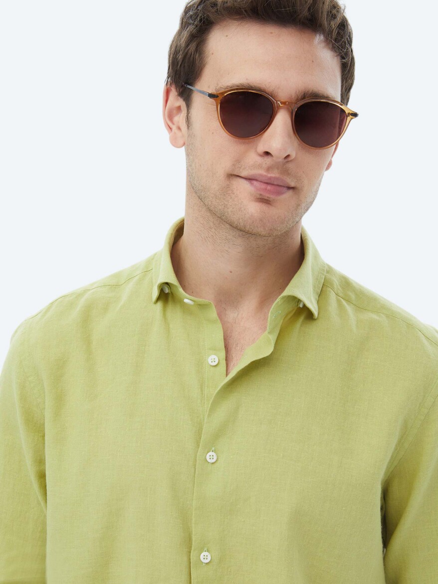 Oil Green Plain Regular Fit Long Weaving Casual Cotton Blended Shirt - 5