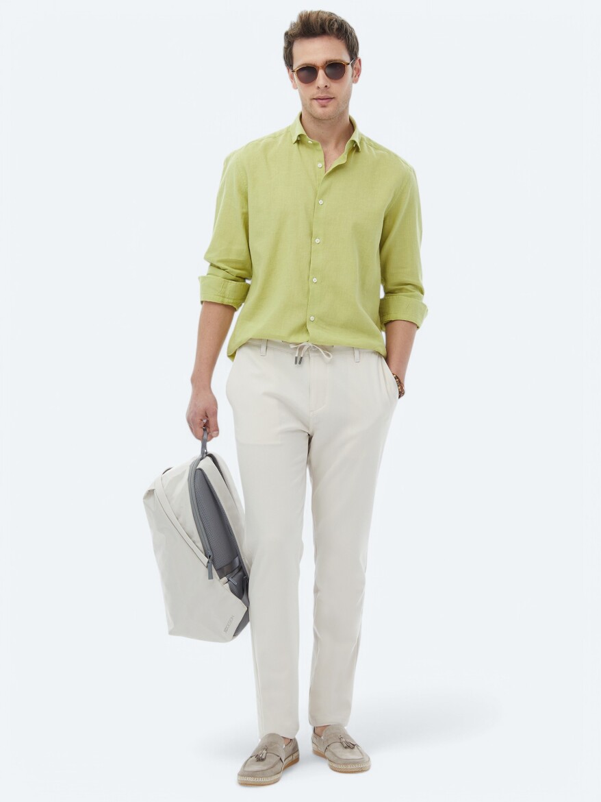 Oil Green Plain Regular Fit Long Weaving Casual Cotton Blended Shirt - 8