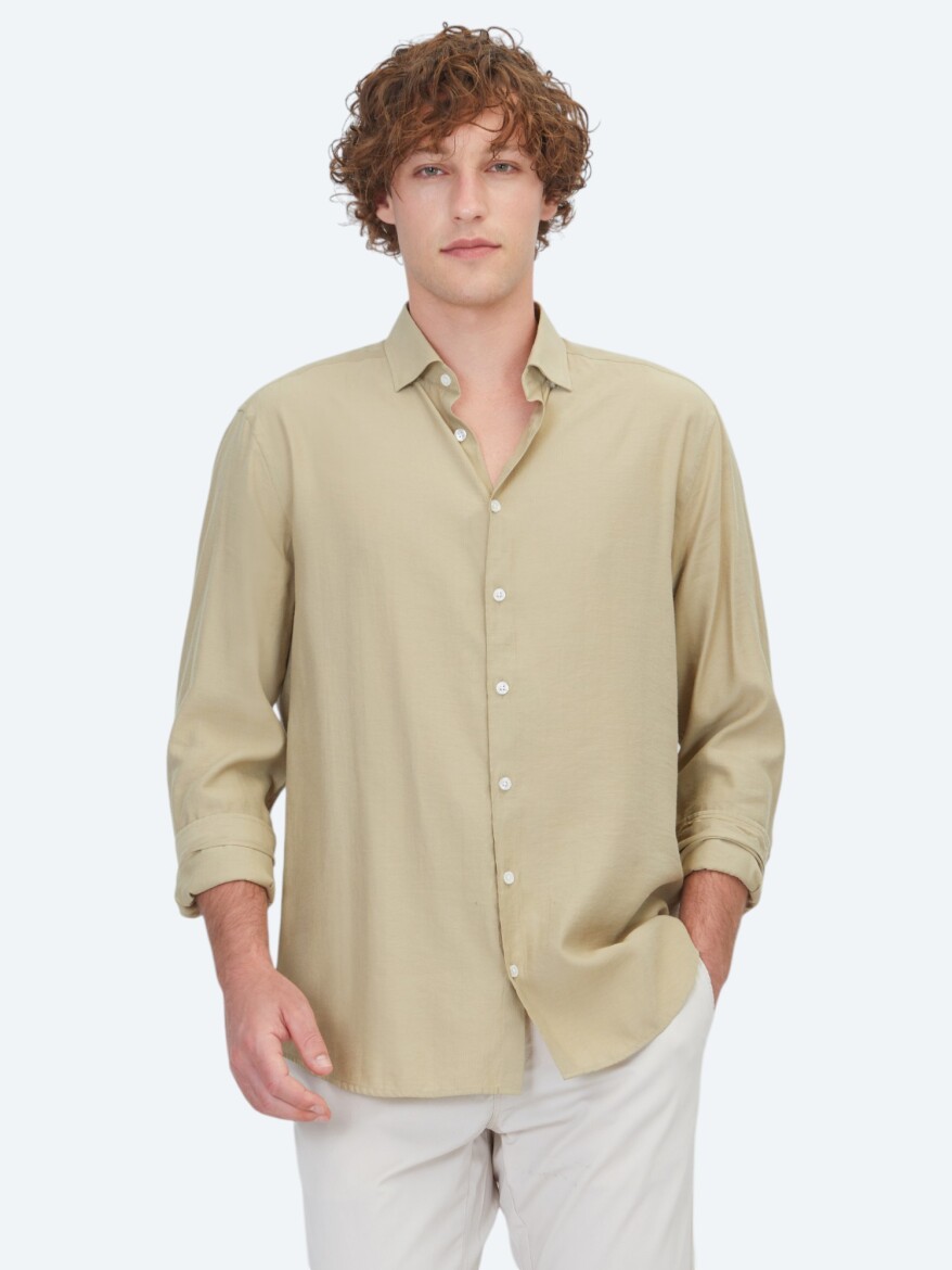 Oil Green Plain Regular Fit Long Weaving Casual Shirt 