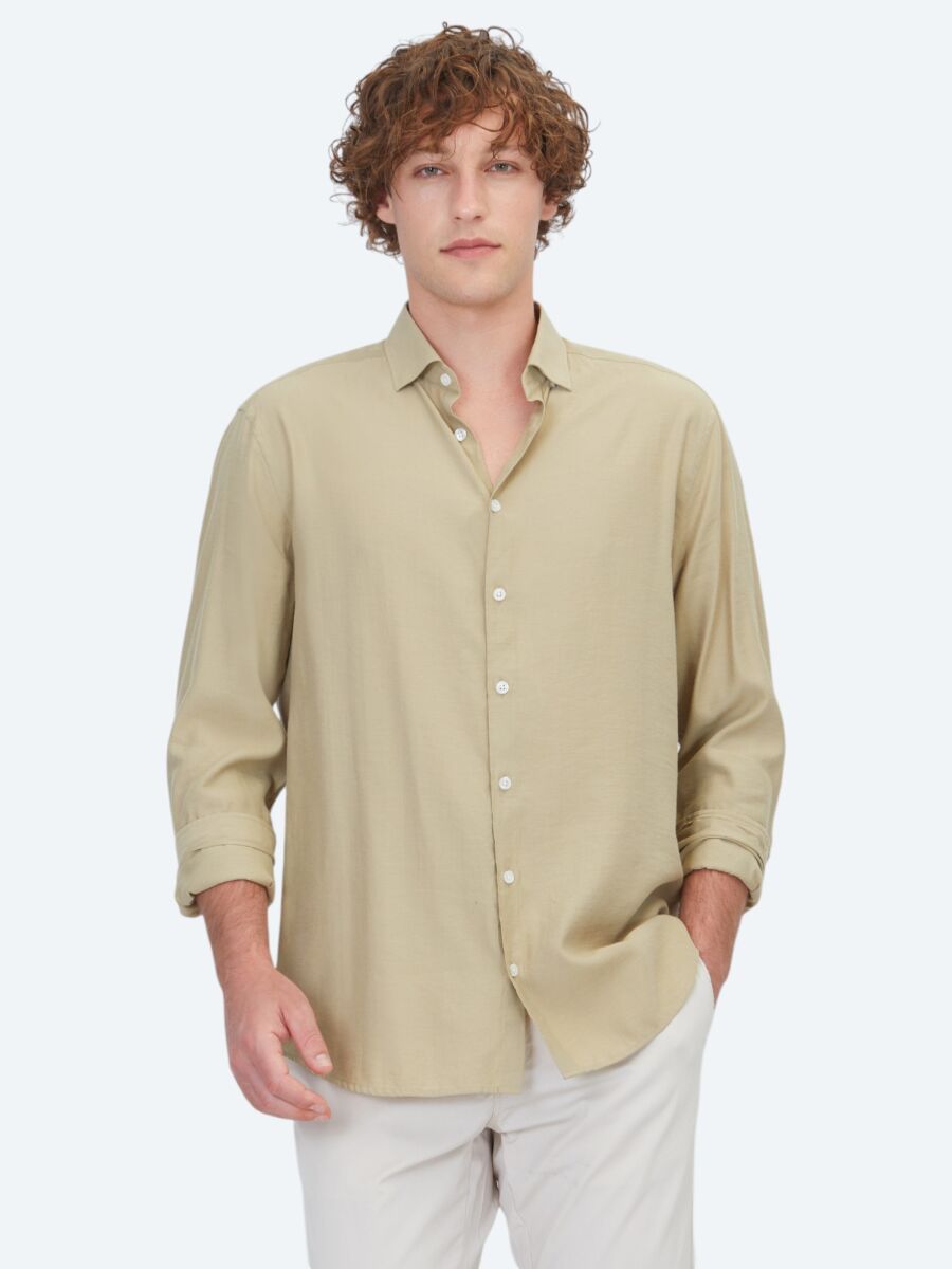 Oil Green Plain Regular Fit Long Weaving Casual Shirt - 1