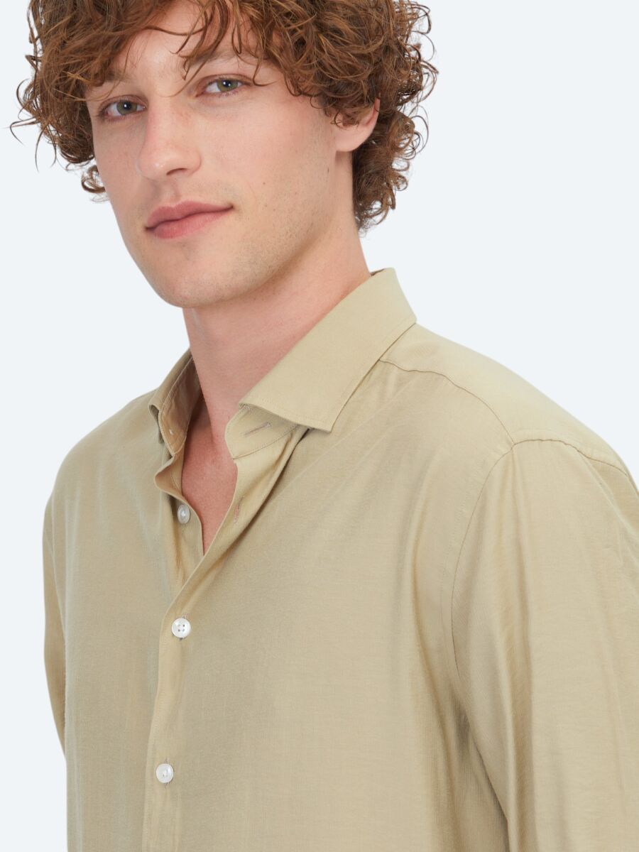 Oil Green Plain Regular Fit Long Weaving Casual Shirt - 3