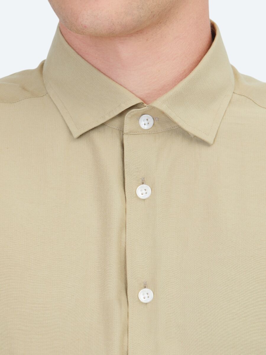 Oil Green Plain Regular Fit Long Weaving Casual Shirt - 4