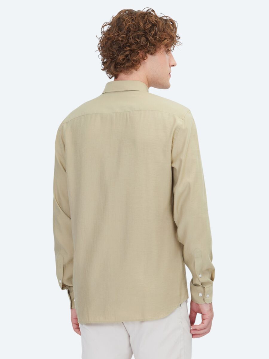 Oil Green Plain Regular Fit Long Weaving Casual Shirt - 5