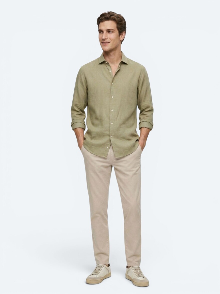 Oil Green Plain Regular Fit Long Weaving Casual Shirt - 2