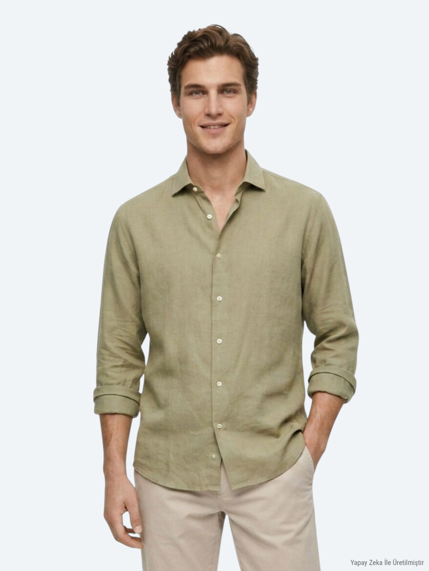 Oil Green Plain Regular Fit Long Weaving Casual Shirt 
