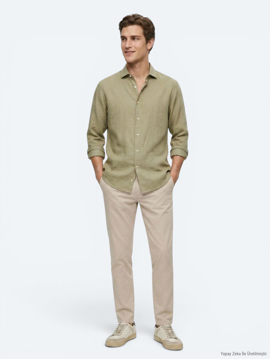 Oil Green Plain Regular Fit Long Weaving Casual Shirt - 2