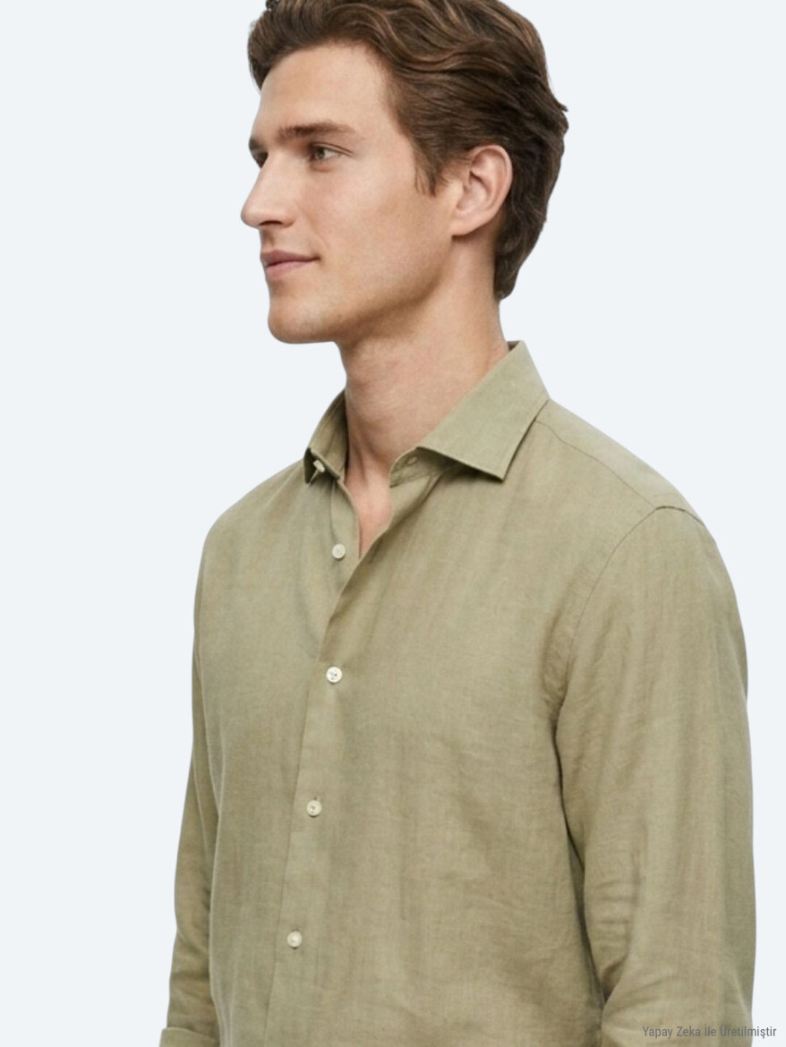 Oil Green Plain Regular Fit Long Weaving Casual Shirt - 3