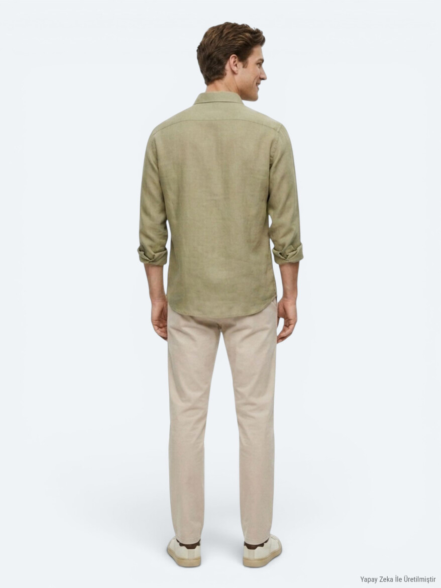 Oil Green Plain Regular Fit Long Weaving Casual Shirt - 4