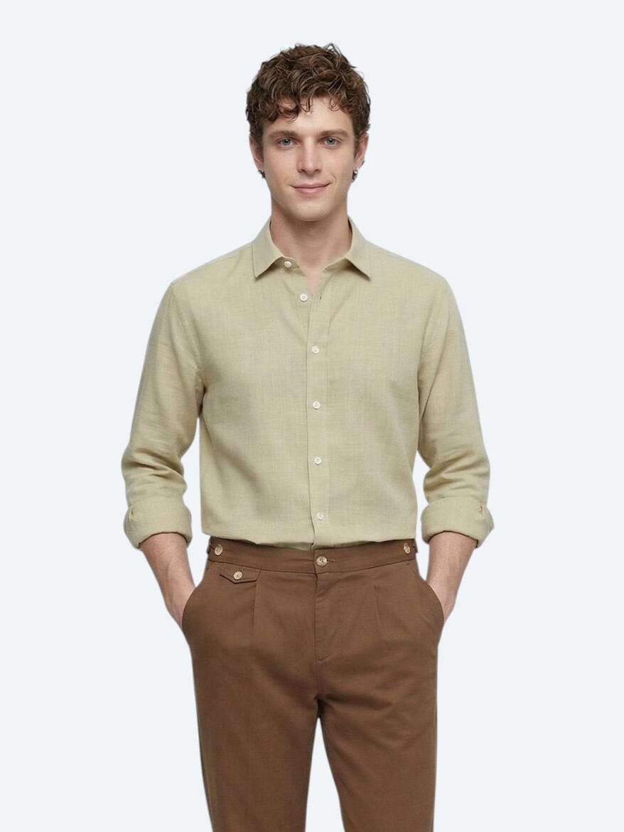 Oil Green Plain Regular Fit Weaving Casual 100% Cotton Shirt 