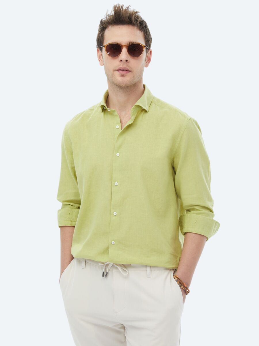 Oil Green Plain Regular Fit Weaving Casual Cotton Blended Shirt - 2