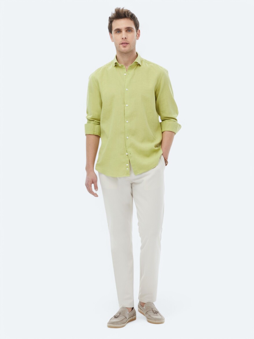 Oil Green Plain Regular Fit Weaving Casual Cotton Blended Shirt - 6