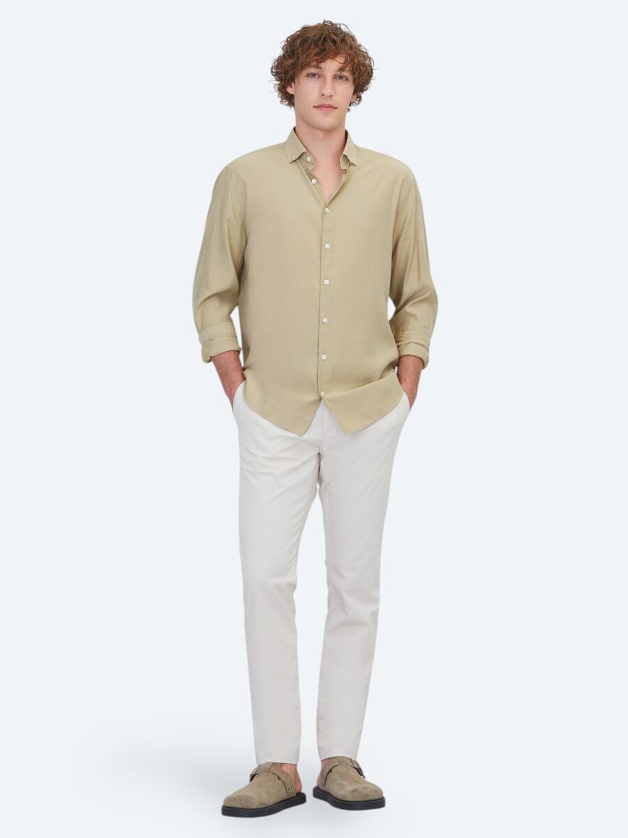 Oil Green Plain Regular Fit Weaving Casual Shirt - 2