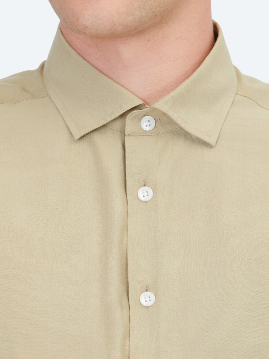 Oil Green Plain Regular Fit Weaving Casual Shirt - 4