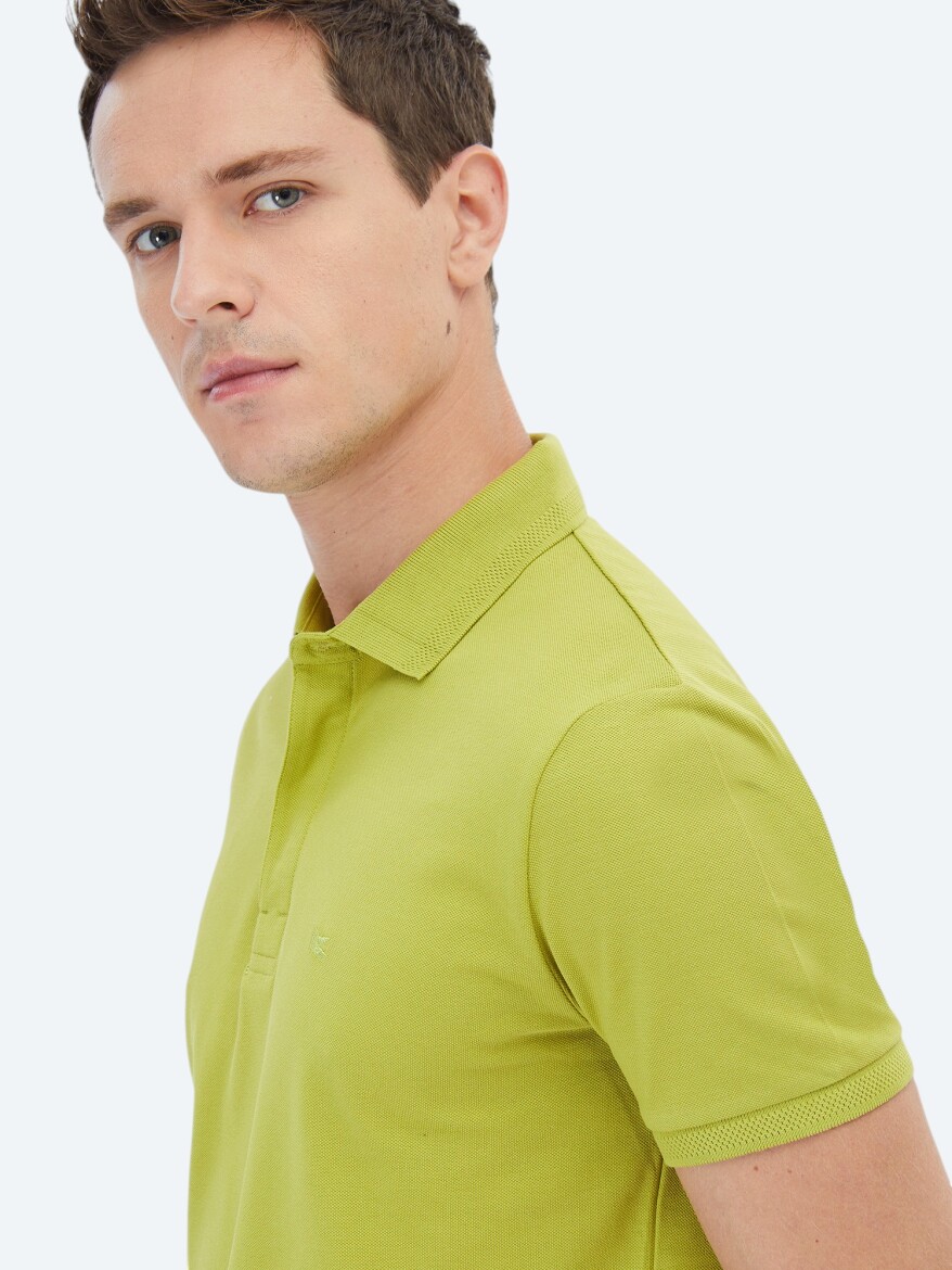 Oil Green Polo Neck 100% Cotton T-Shirt - 4