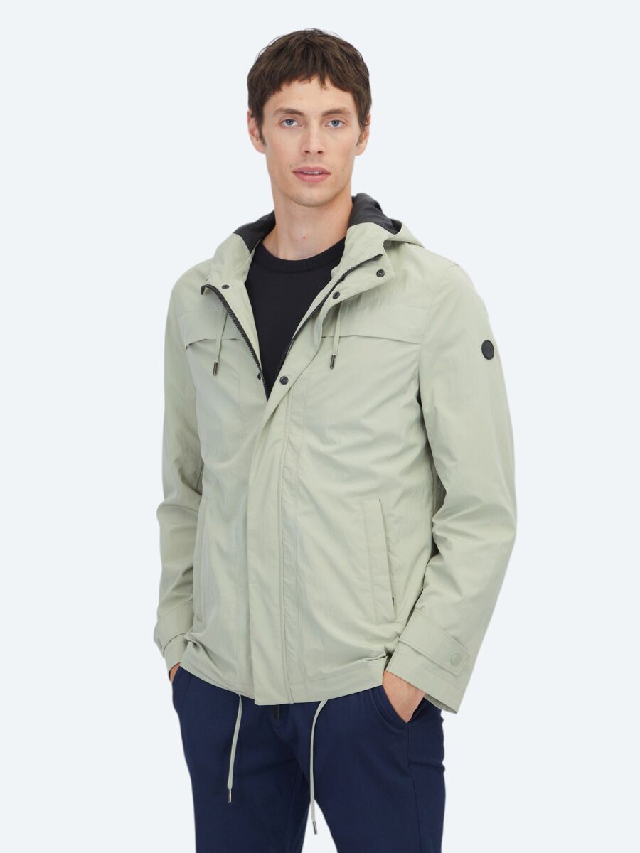 Oil Green Regular Fit Hooded Casual Weaving Coat - 1