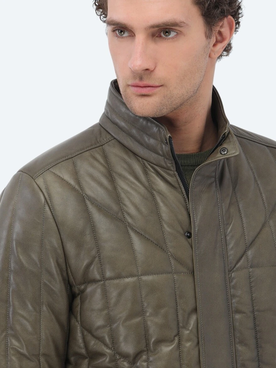 Olive Regular Fit Turtleneck Smart Casual Sheep Leather Leather Coat - 3