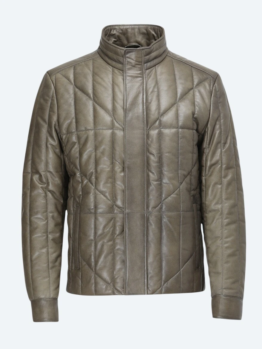 Olive Regular Fit Turtleneck Smart Casual Sheep Leather Leather Coat - 5