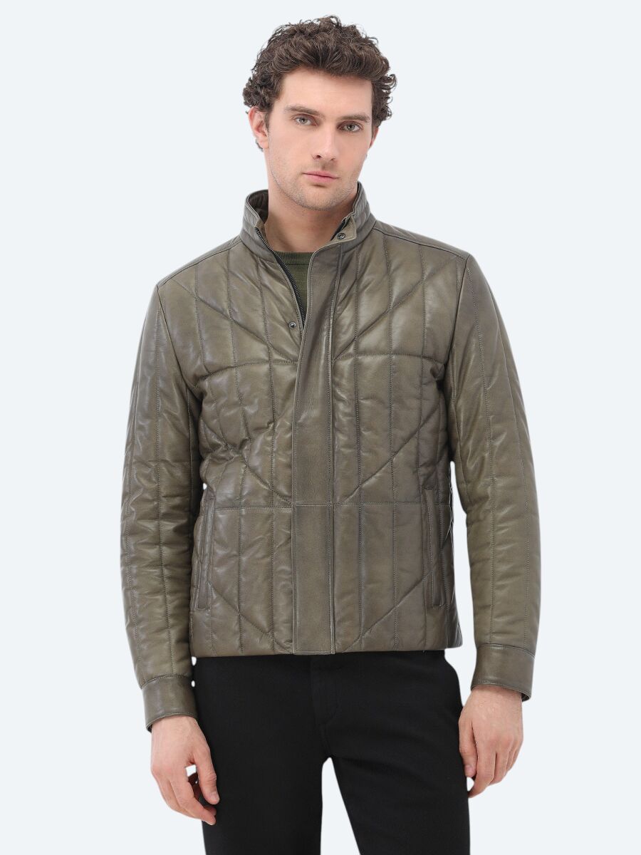 Olive Regular Fit Turtleneck Smart Casual Sheep Leather Leather Coat - 1