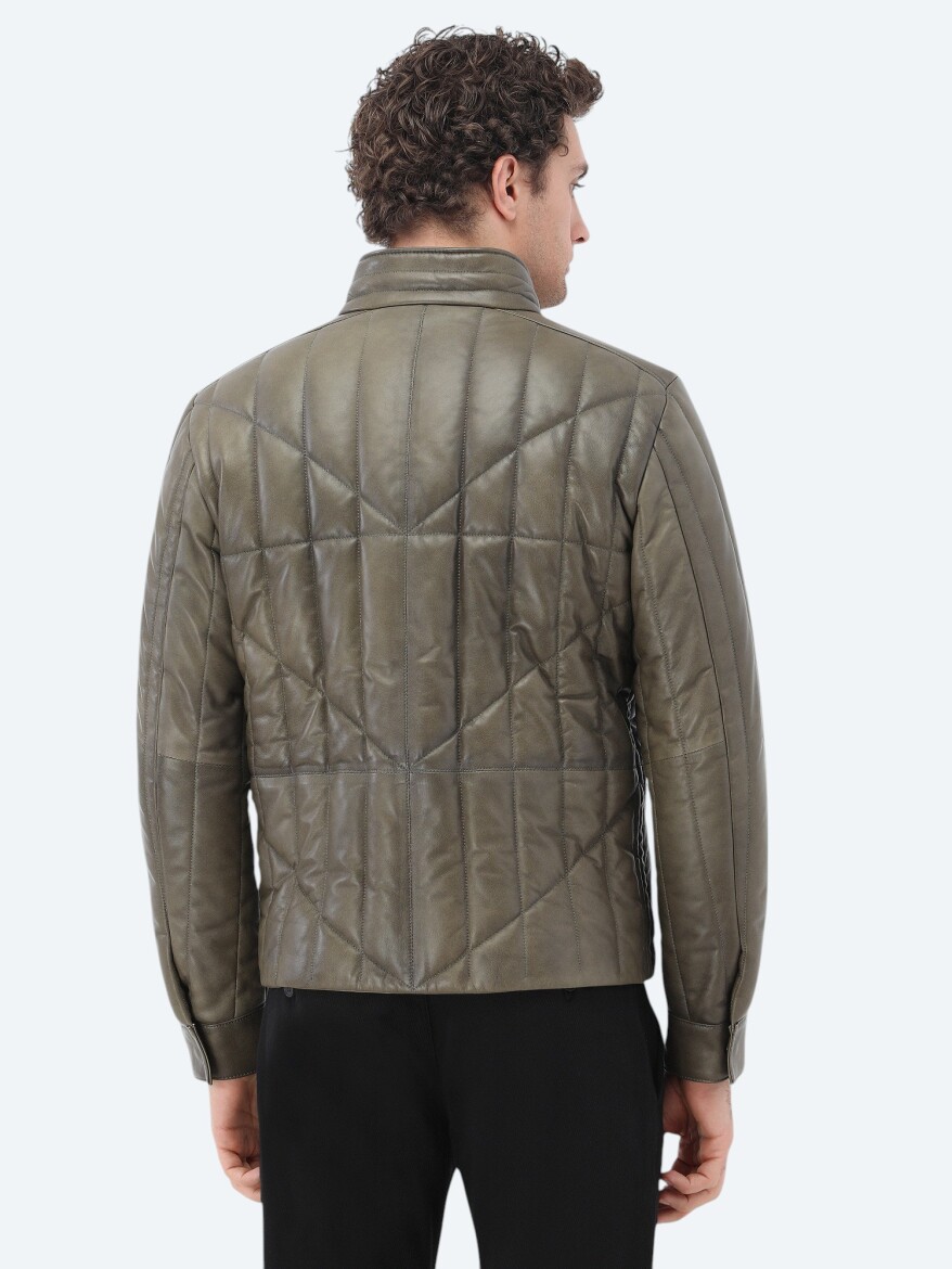 Olive Regular Fit Turtleneck Smart Casual Sheep Leather Leather Coat - 4