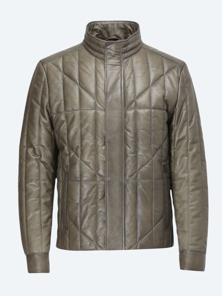 Olive Regular Fit Turtleneck Smart Casual Sheep Leather Leather Coat - 5