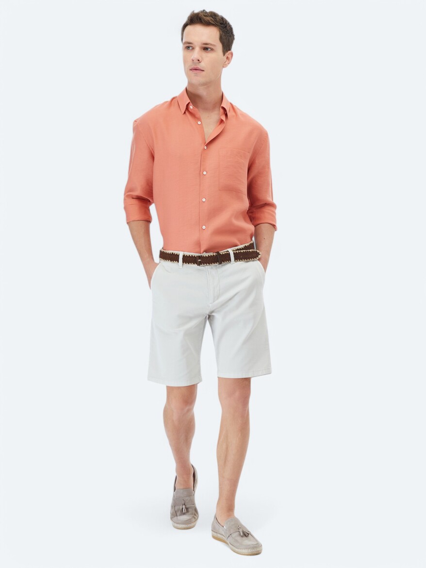 Orange Plain Oversize Fit Long Weaving Casual Shirt - 2