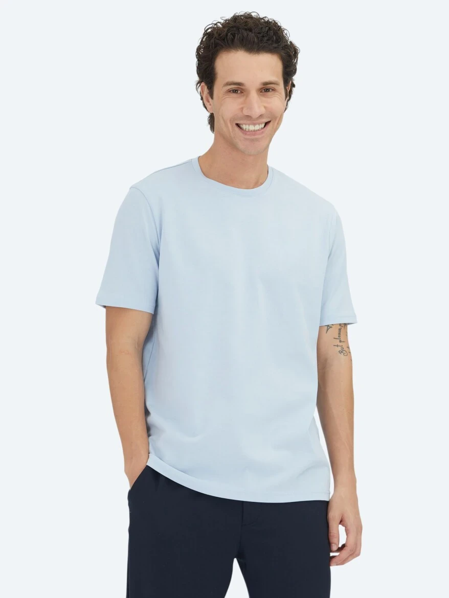 Orta Mavi Düz Bisiklet Yaka %100 Pamuk T-Shirt - KİP