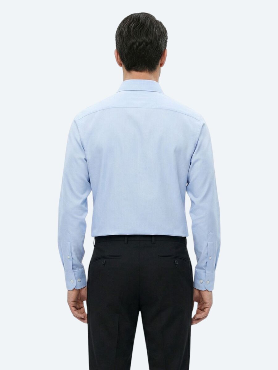 Orta Mavi Regular Fit Uzun Dokuma Klasik Pamuk Karışımlı Gömlek - 5