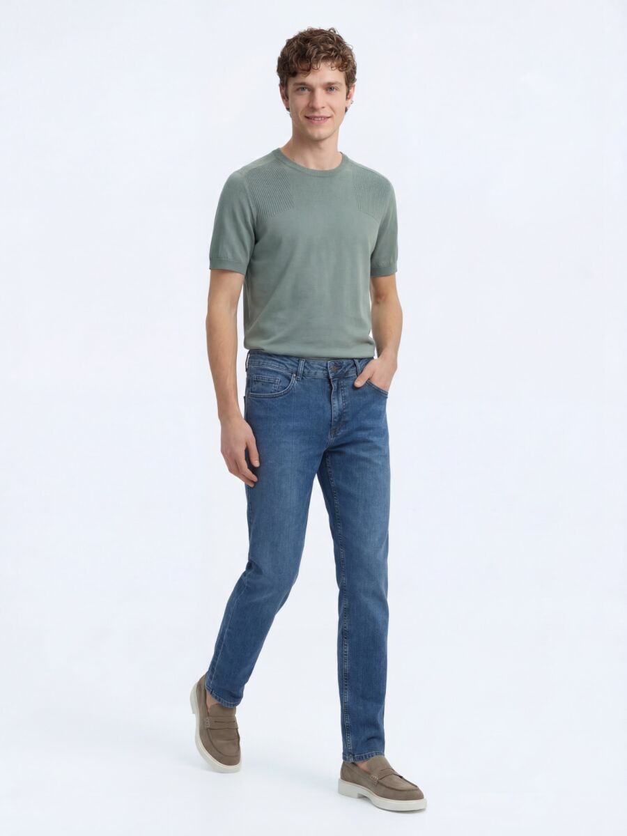 Orta Mavi Slim Fit Çevre Dostu Denim Pamuk Karışımlı Pantolon - 3