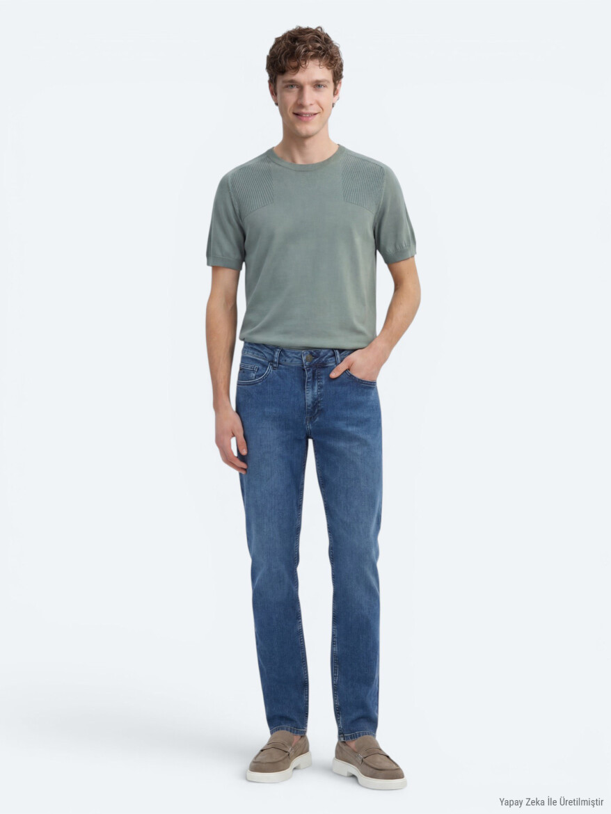 Orta Mavi Slim Fit Çevre Dostu Denim Pamuk Karışımlı Pantolon - KİP