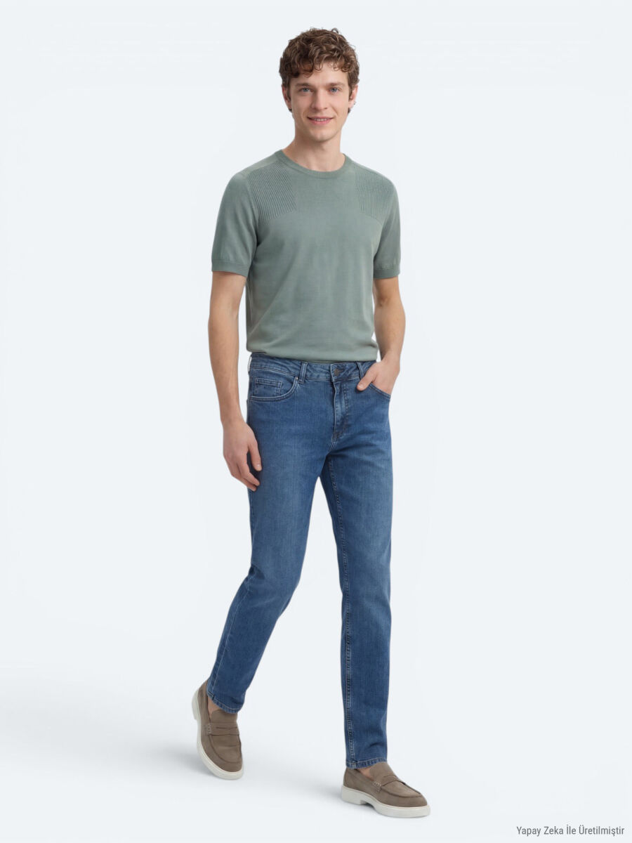 Orta Mavi Slim Fit Çevre Dostu Denim Pamuk Karışımlı Pantolon - 3