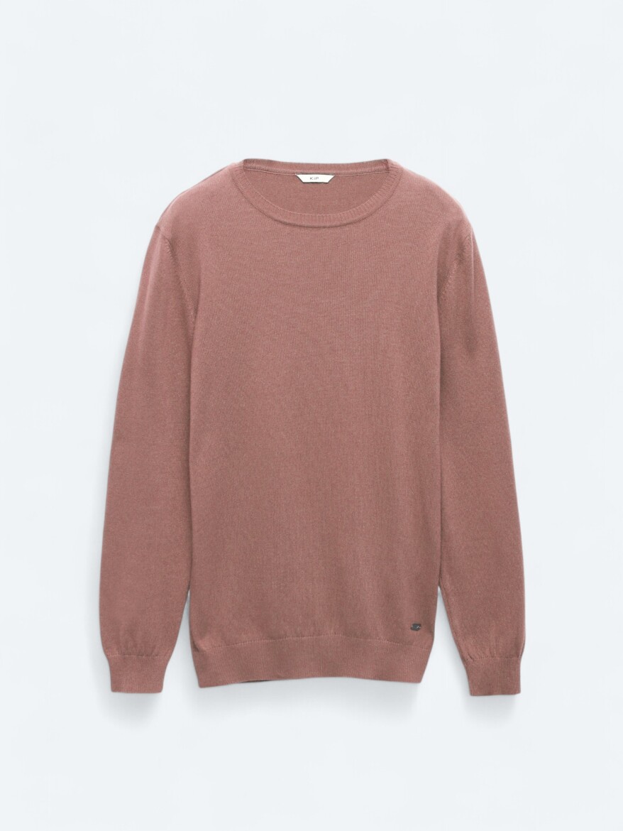 Pembe Bisiklet Yaka Düz Örgü Pamuk Karışımlı Triko Kazak - 6