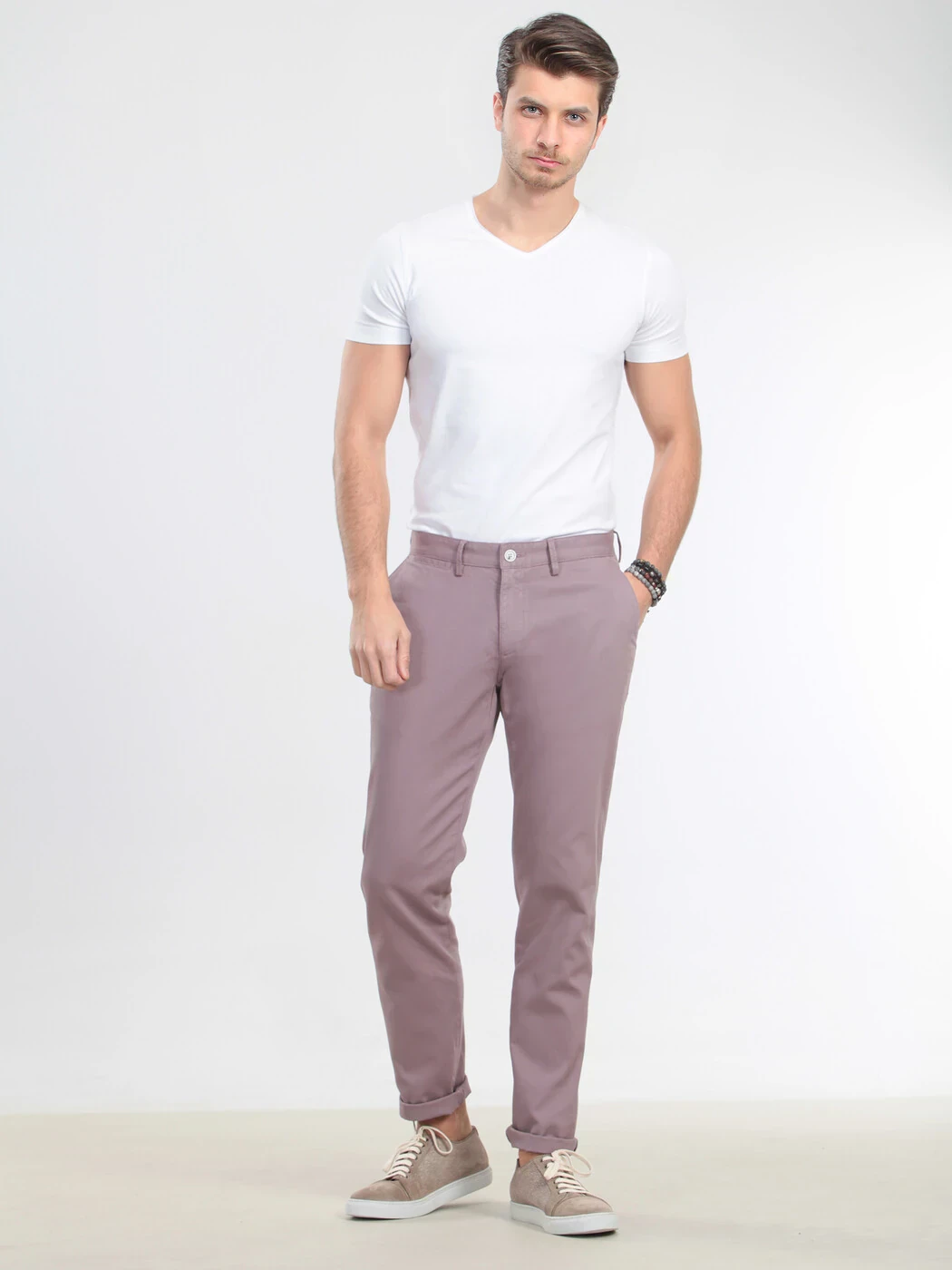 Pembe Düz Dokuma Regular Fit Casual Pamuk Karışımlı Pantolon - 1