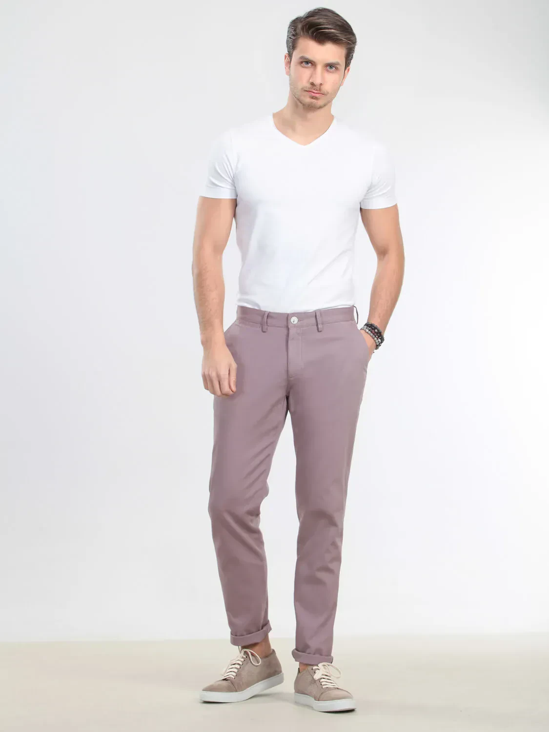 Pembe Düz Dokuma Regular Fit Casual Pamuk Karışımlı Pantolon - 1