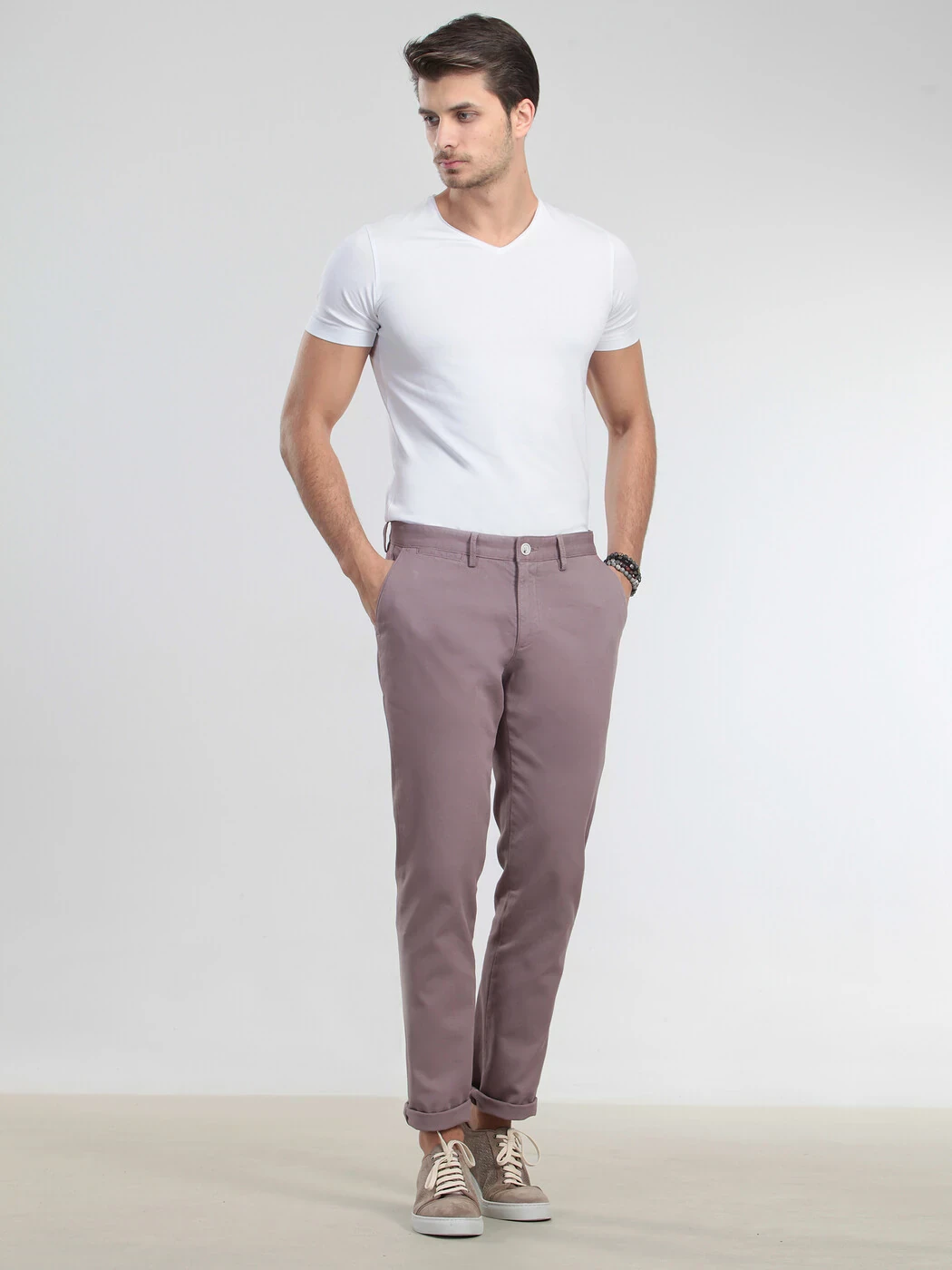 Pembe Düz Dokuma Regular Fit Casual Pamuk Karışımlı Pantolon - 3