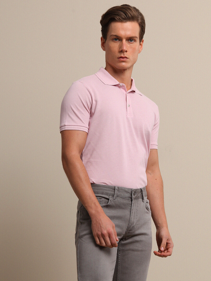 Pembe Düz Polo Yaka %100 Pamuk T-Shirt - 3