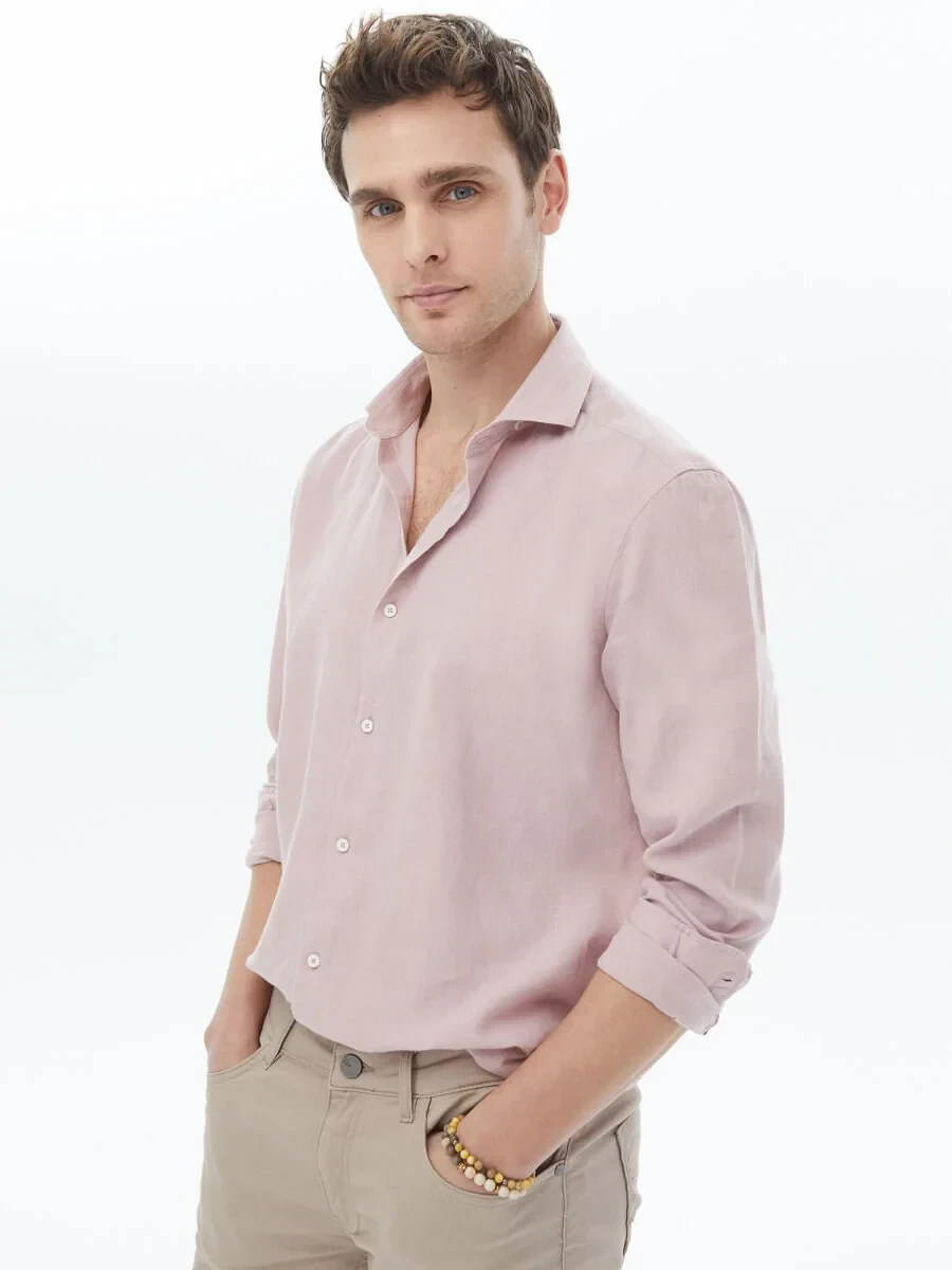 Pembe Düz Regular Fit Dokuma Casual Pamuk Karışımlı Gömlek - 1