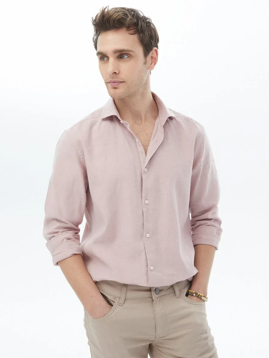 Pembe Düz Regular Fit Dokuma Casual Pamuk Karışımlı Gömlek - 2