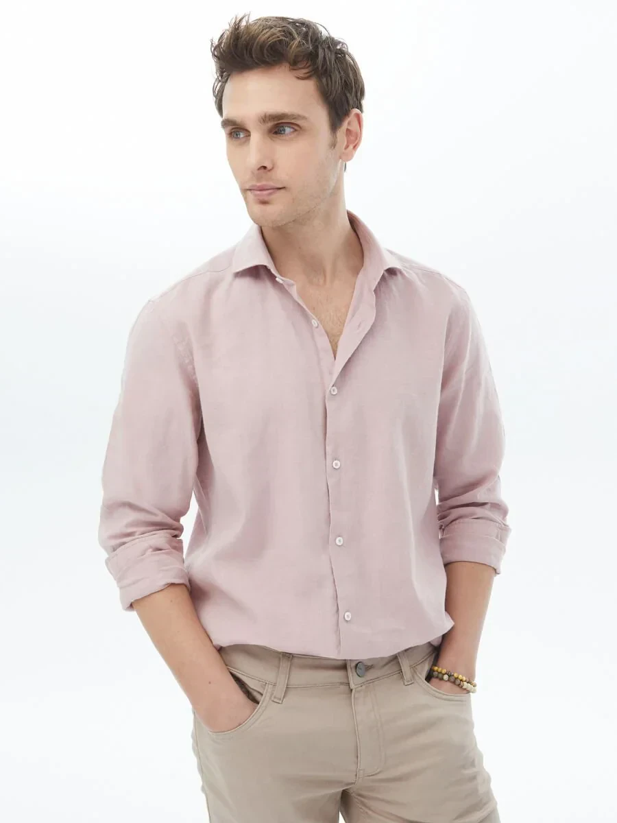 Pembe Düz Regular Fit Dokuma Casual Pamuk Karışımlı Gömlek - 2