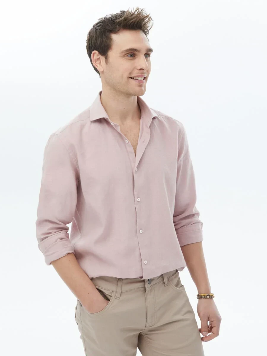 Pembe Düz Regular Fit Dokuma Casual Pamuk Karışımlı Gömlek - 4