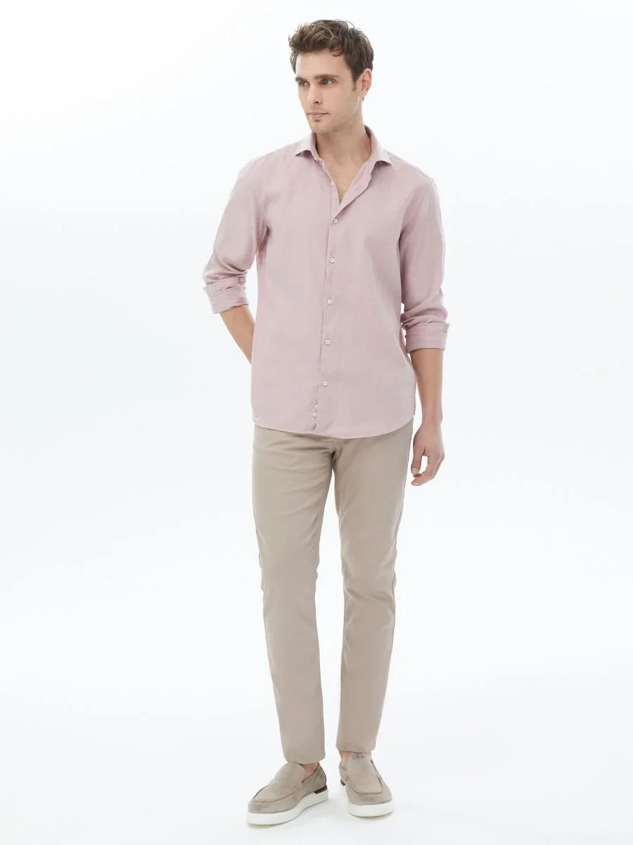 Pembe Düz Regular Fit Dokuma Casual Pamuk Karışımlı Gömlek - 5