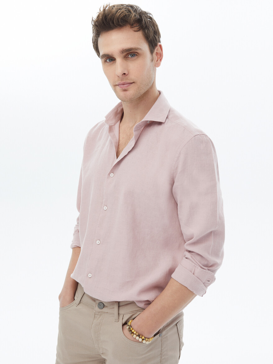 Pembe Düz Regular Fit Dokuma Casual Pamuk Karışımlı Gömlek - 1