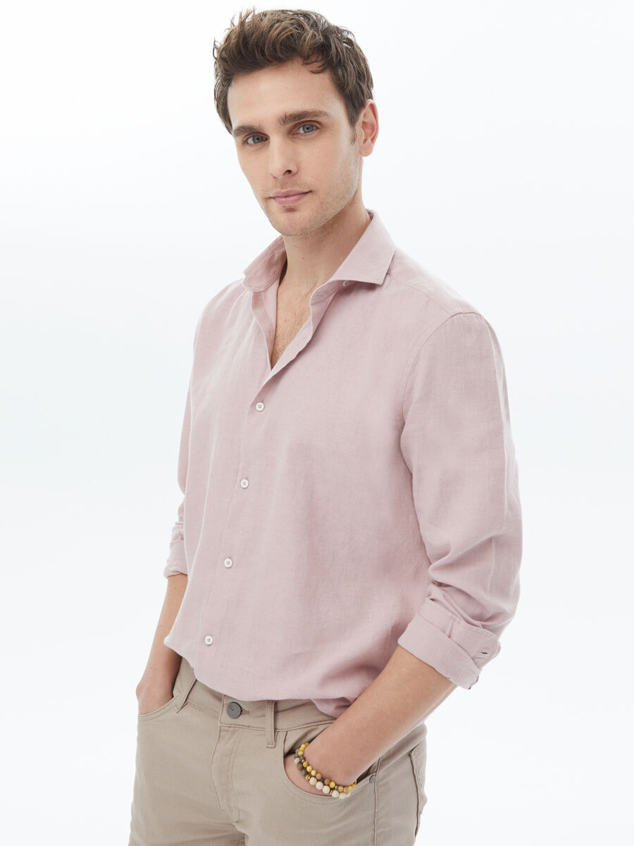 Pembe Düz Regular Fit Dokuma Casual Pamuk Karışımlı Gömlek - 1