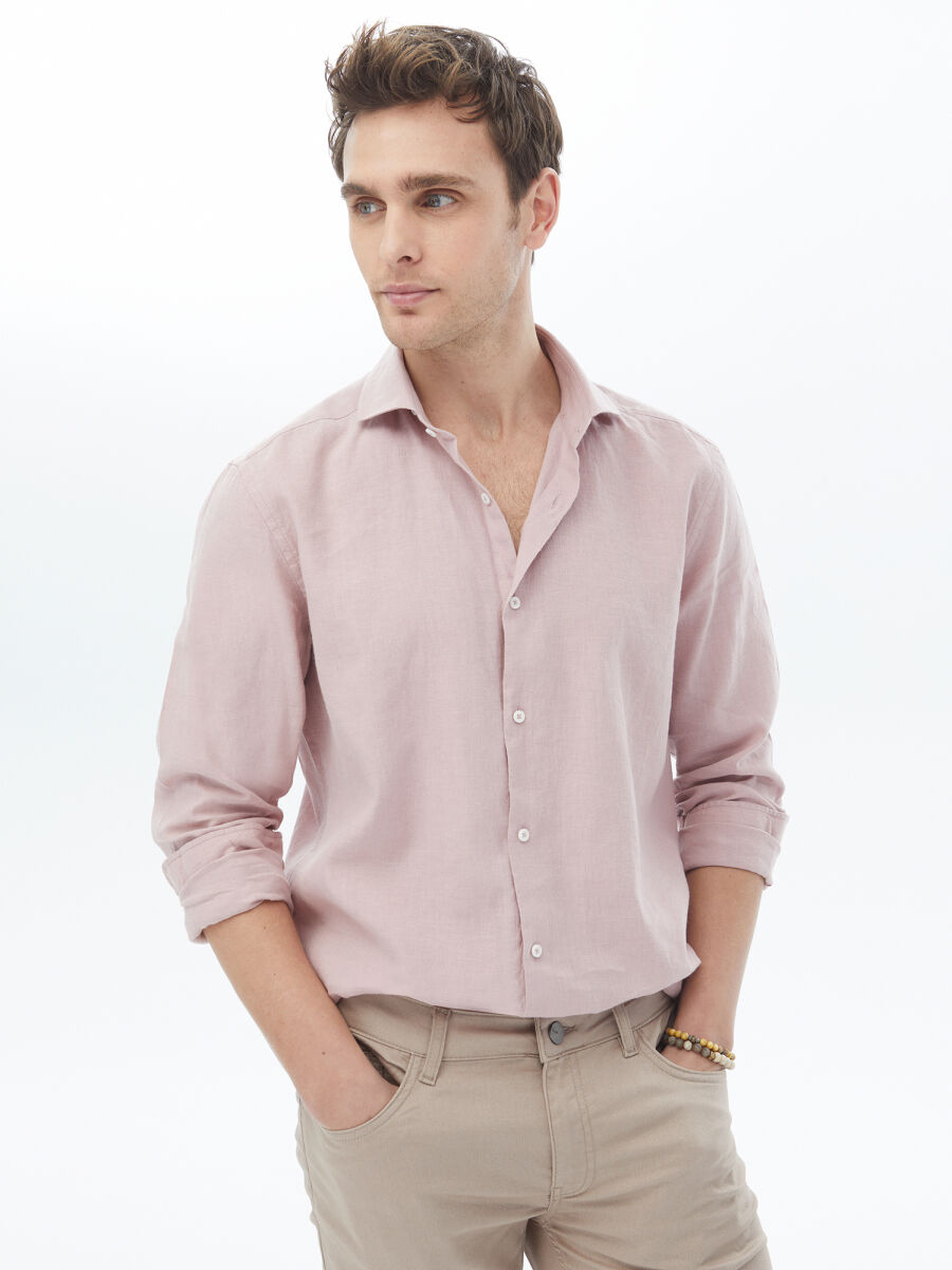Pembe Düz Regular Fit Dokuma Casual Pamuk Karışımlı Gömlek - 2