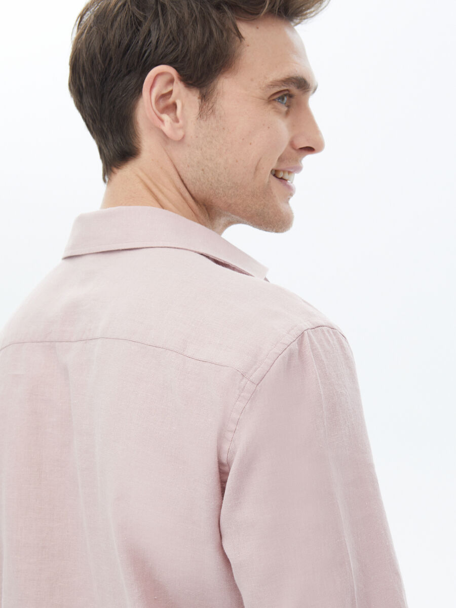 Pembe Düz Regular Fit Dokuma Casual Pamuk Karışımlı Gömlek - 6