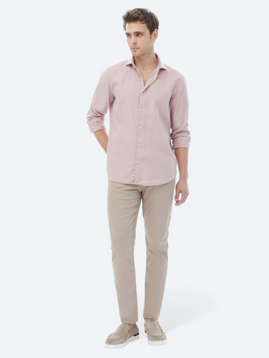Pembe Düz Regular Fit Dokuma Casual Pamuk Karışımlı Gömlek - 2
